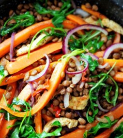 Heerlijke kalkoenfilet met linzen, wortel en rucola